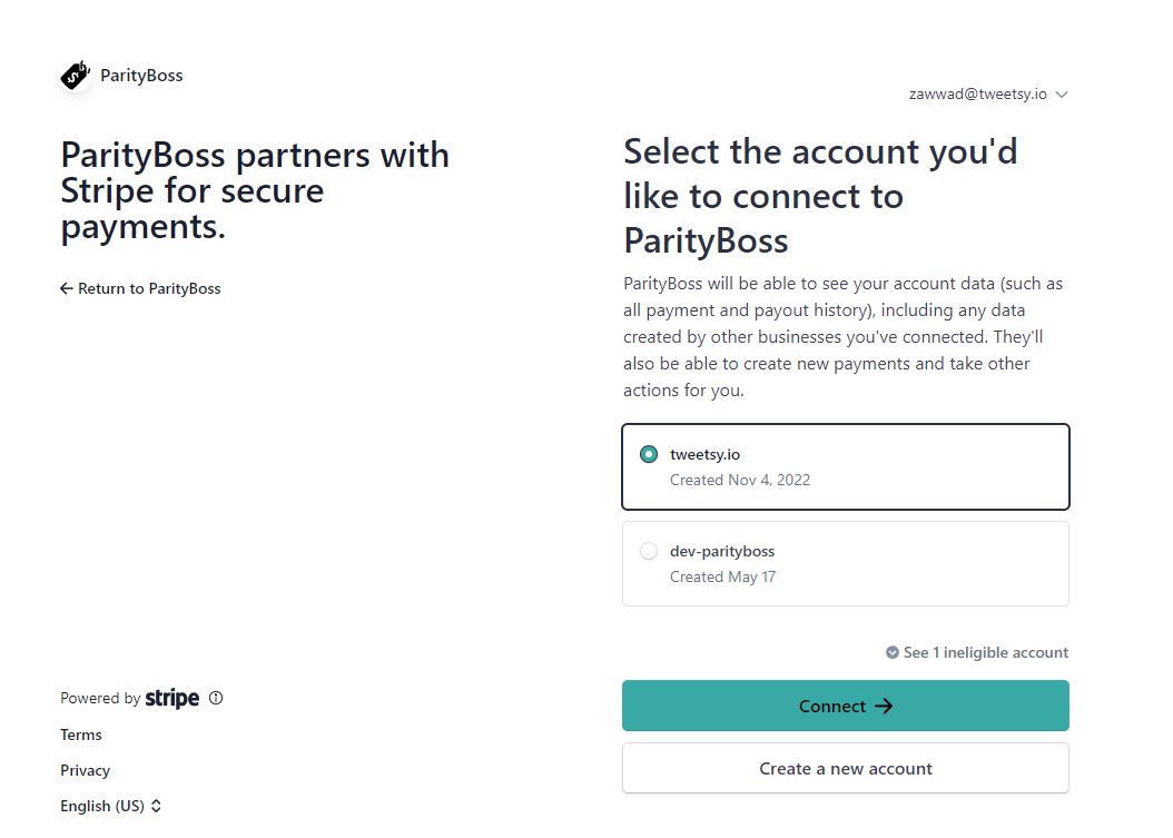 Authorize Parityboss to use your Stripe account